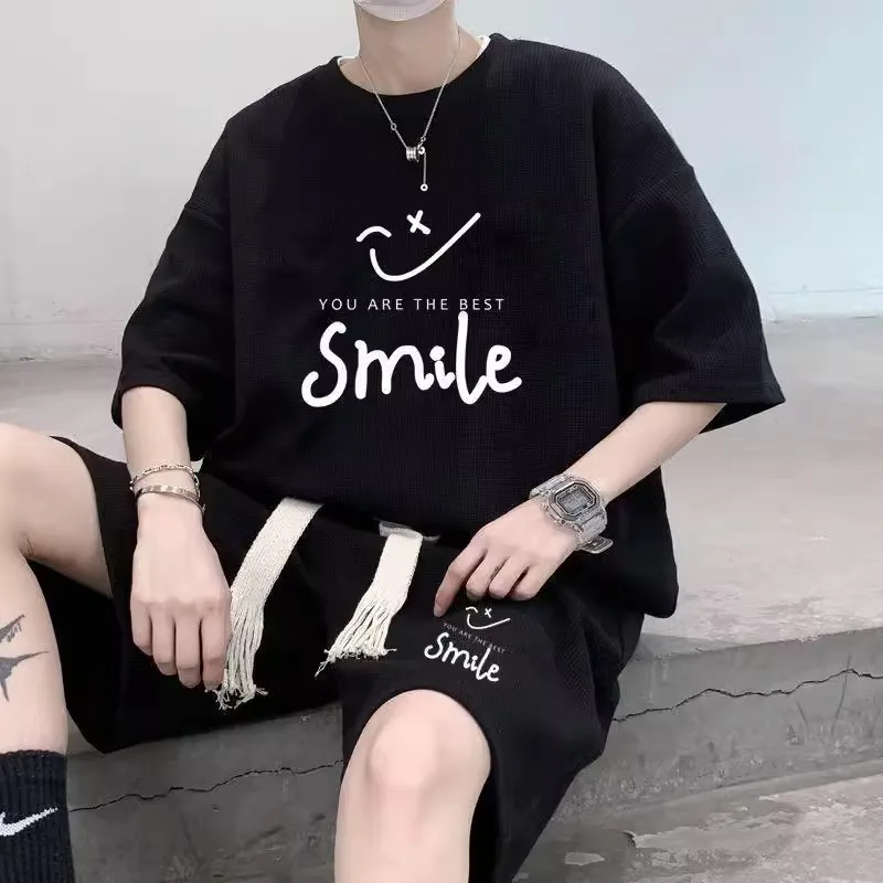 

Men's waffle summer suit casual T-shirt, shorts suit sportswear, sportswear, Korean-style fashion