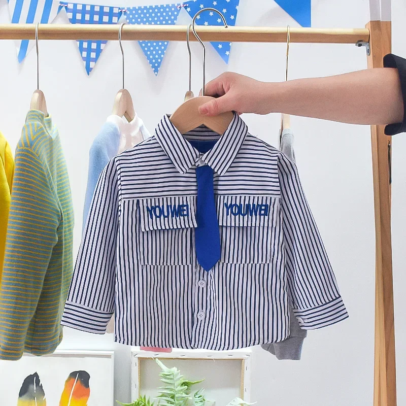 Camisa de gravata listrada de algodão infantil, roupas infantis para meninos, roupas infantis de cavalheiro, moda criança, traje casual, primavera, outono, novo