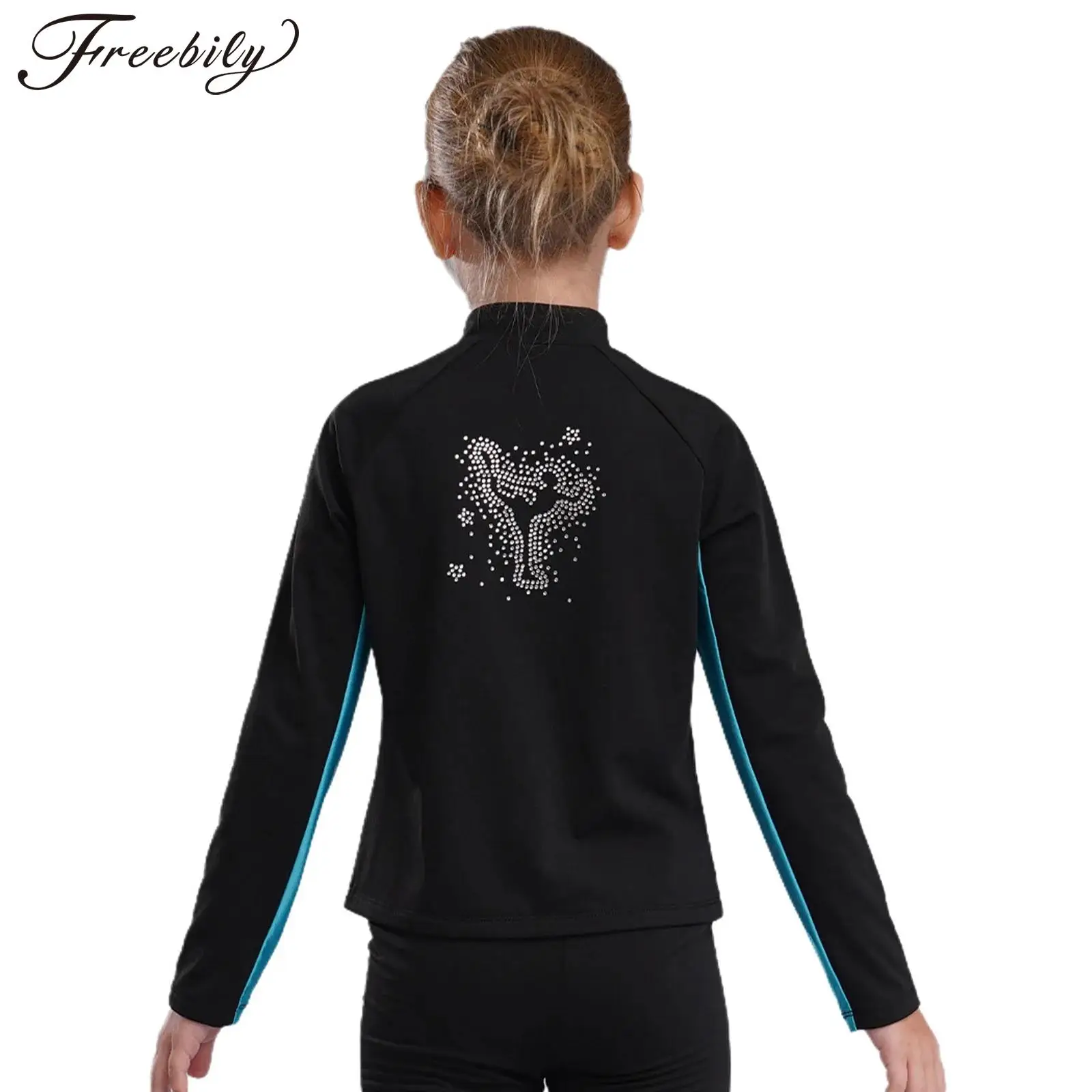 Kids Girls Shiny Rhinestones Figrue Skating Jacket Fleece Lined Ice Skating Zip Up Jacket Winter Warm Sweatshirt Coat