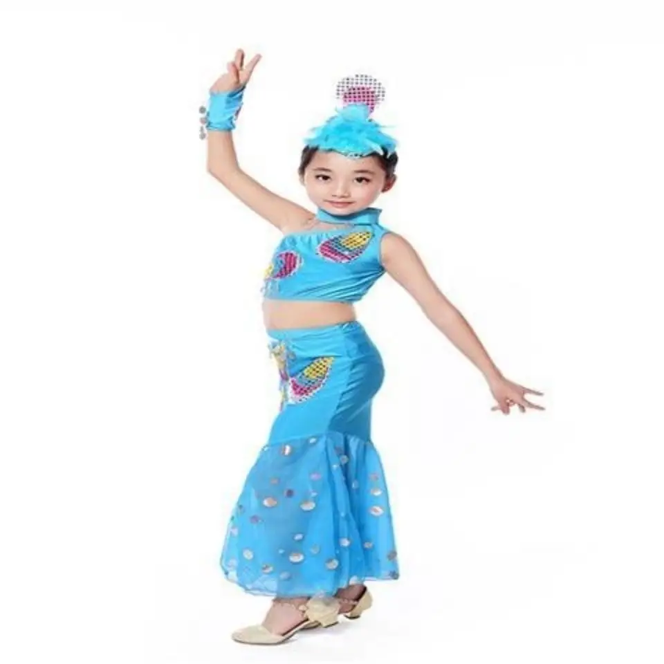 Indian Bollywood Dance Costume Kids Sexy Belly Dance Costume Set Peacock Dress Suit Girls Long Belly Mermaid Tail Costume Skirt