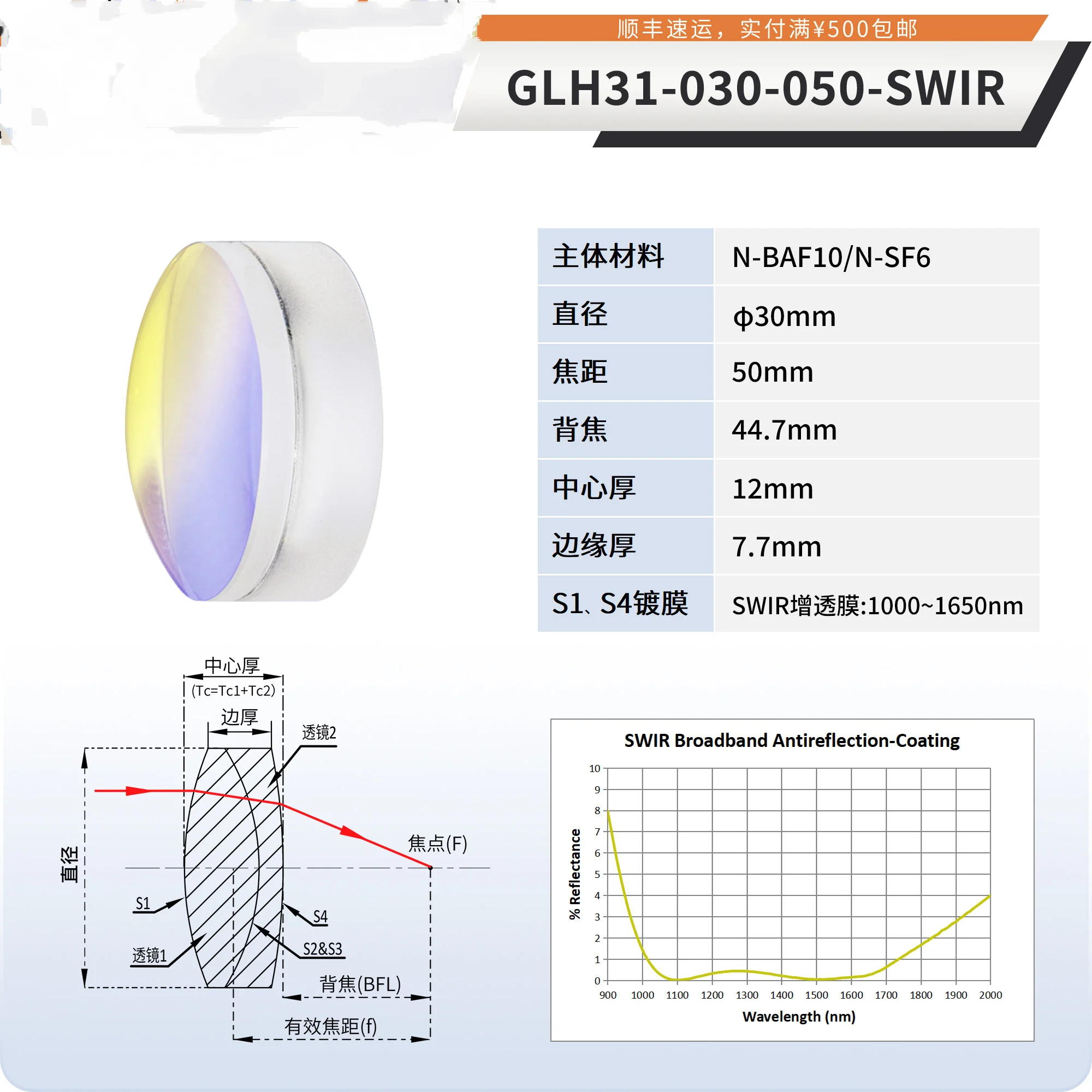 Double glued achromatic lens diameter 30-50.8mm short wave infrared anti-reflection 1000-1650nm