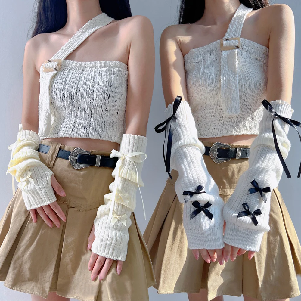 

1 Pair Knitted Arm Warmers Y2K Trendy Protective Arm Sleeves Bow Warm Fingerless Gloves Solid Color Half Finger Gloves Wholesale