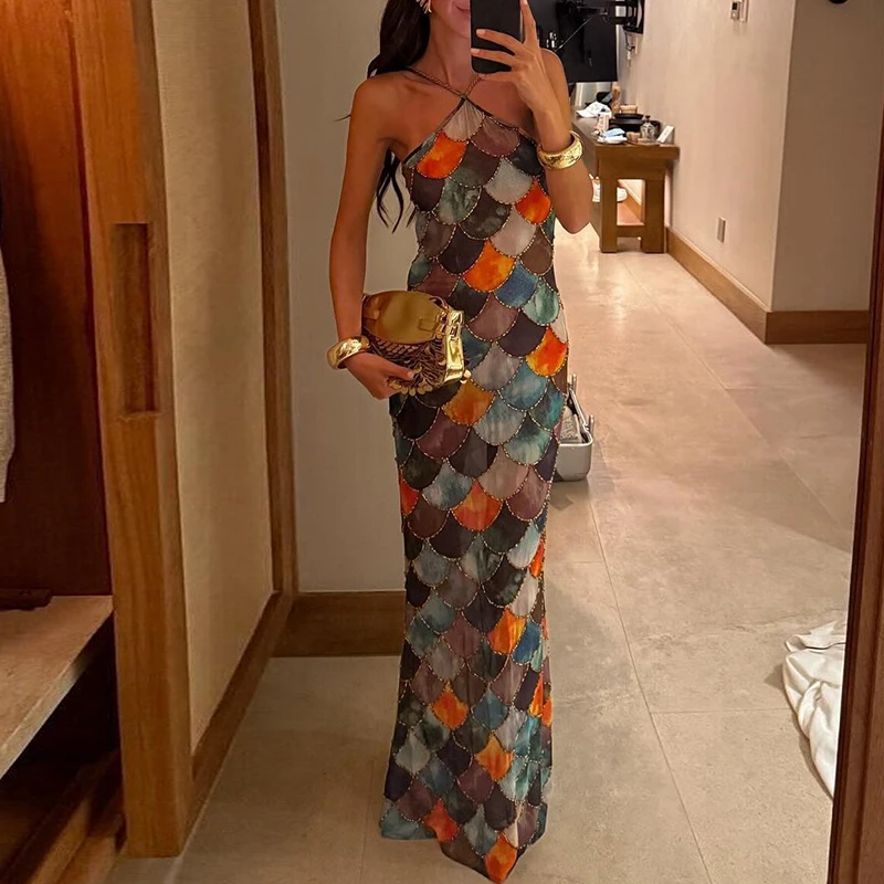 

Elegant Colorful Block Full Length Evening Dress Fashion 2025 Slim Off Shoulder Party Dress Sexy Bodycon Backless Halter Dress