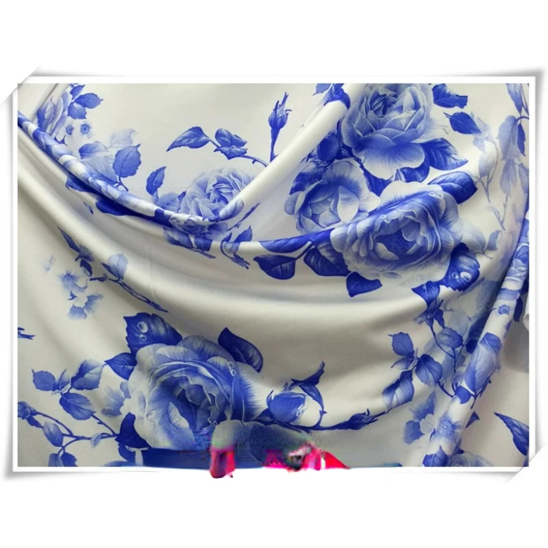 Swimsuit Elegant White Background Blue Rose Print, Excellent Drape Feeling High Elasticity Fabric Qipao Dance Costume Fabric