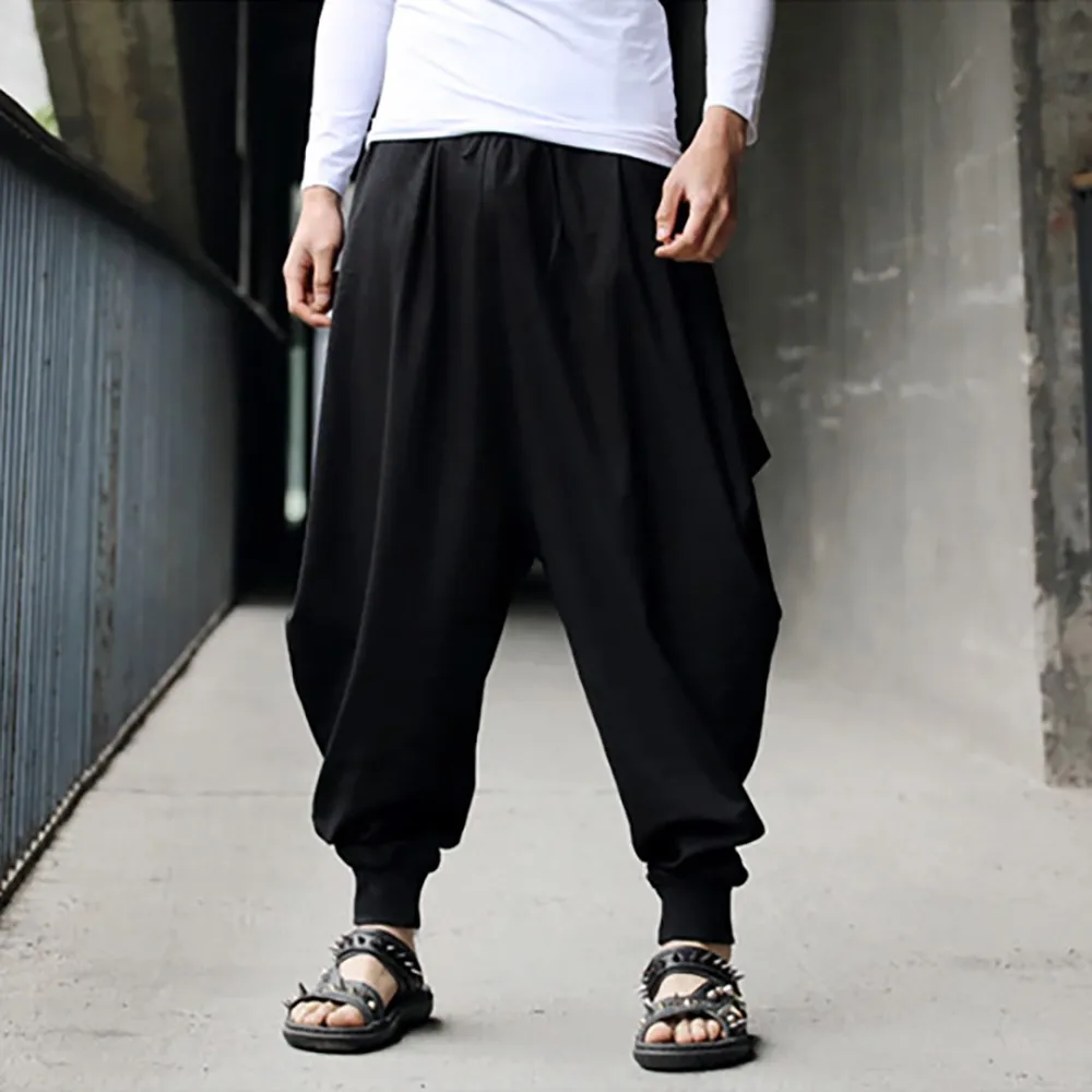 Men's Harem Pants Cotton Linen Festival Baggy Solid Trousers Retro Gypsy Pants Oversized Cross-pants Harajuku Japanese Pantalon