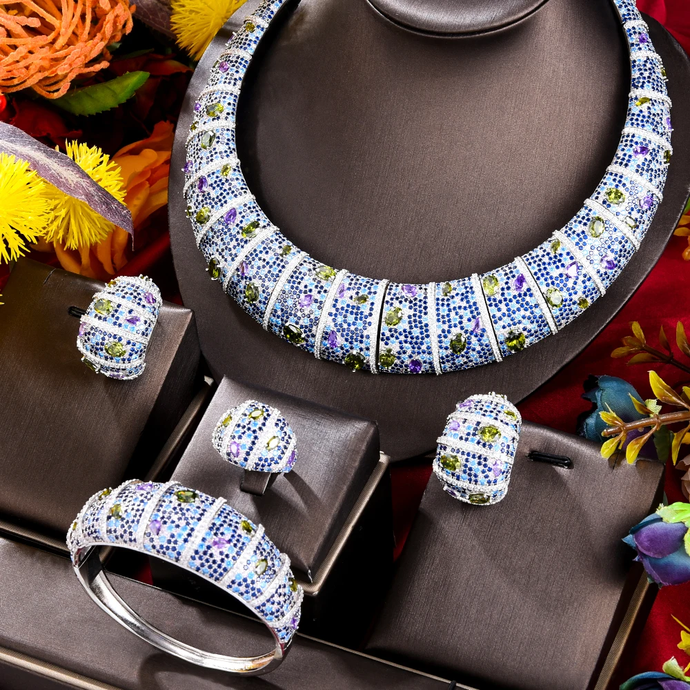 

GODKI Spring Multicolor CZ African Necklace Earring For Women Wedding Party Nigerian Indian Dubai Bridal Jewelry Set