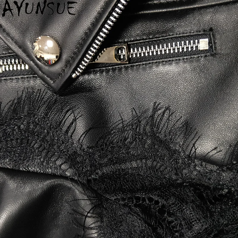 AYUNSUE 정품 양피 진짜 가죽 자켓 여성 2025 Motocycle 자켓 슬림 맞는 봄 가을 여성 의류 레이스 스플 라이스