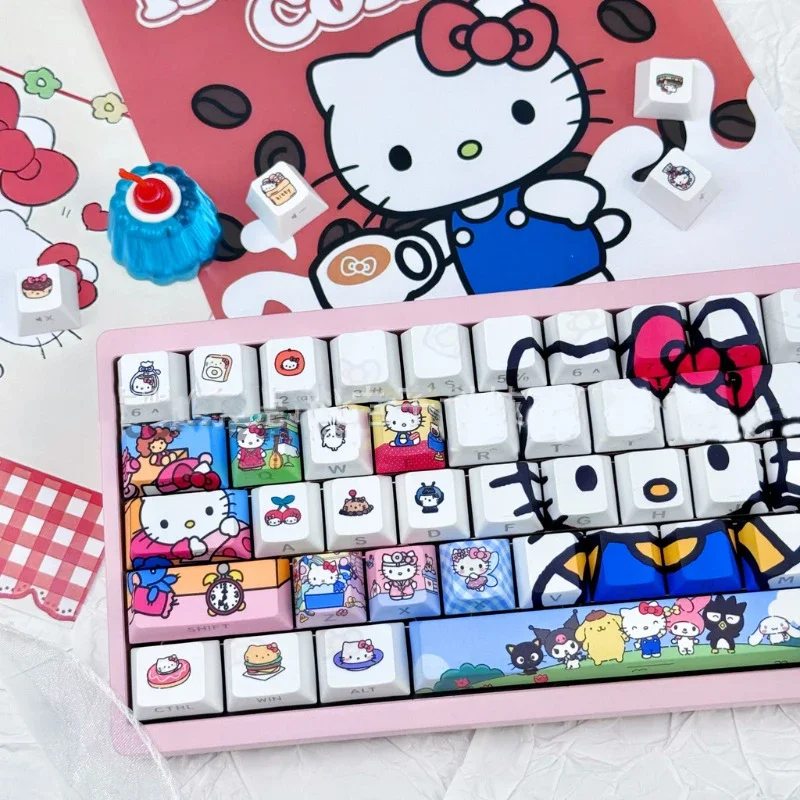 130 Keys Kawaii HelloKitty Themed Keycaps Set for Mechanical Keyboards Heat-sublimation PBT Material Keycaps Durable Keycap