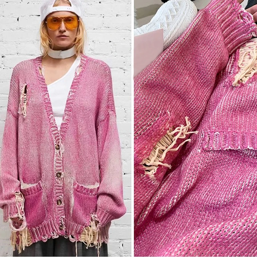 NIGO LP Women's Spring And Autumn Pink Tie-Dye Destruction Long Sleeve Cotton Knit Cardigan Coat #nigo61374