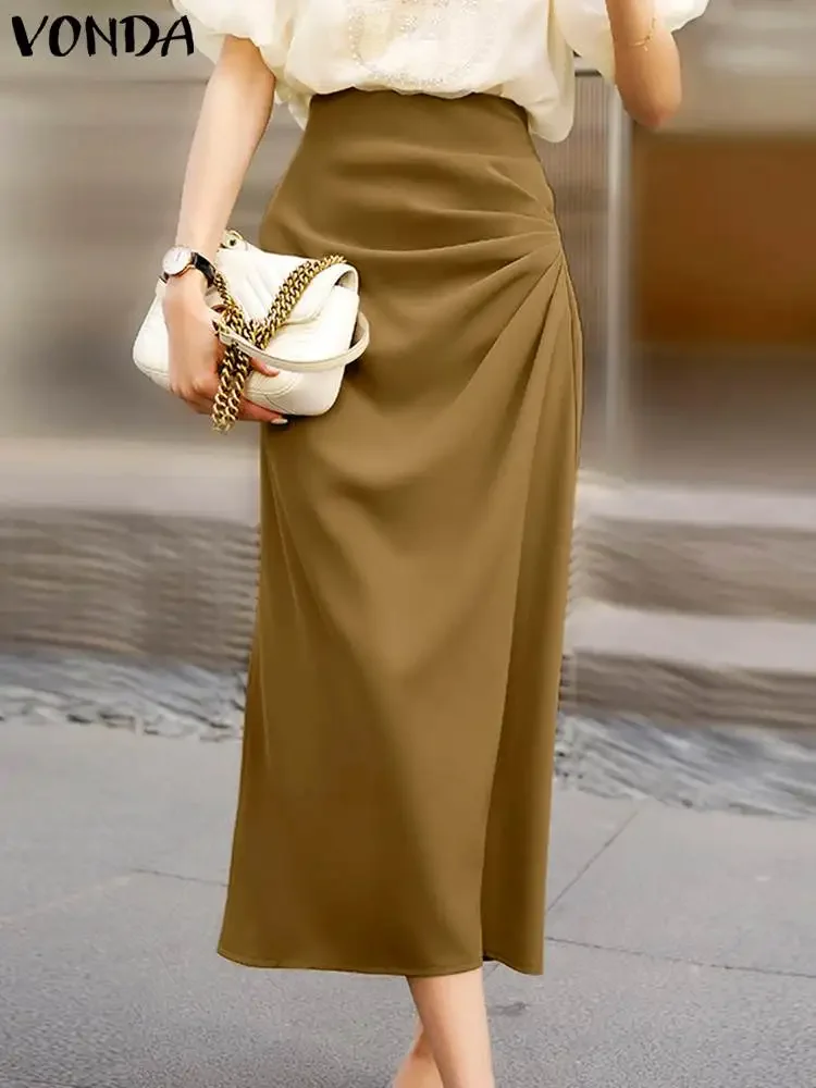 Elegant OL Skirts Summer Casual Women High Waist Bottoms VONDA 2024 Casual Side Slit Pleated Midi Skirt Solid Color Streetwear