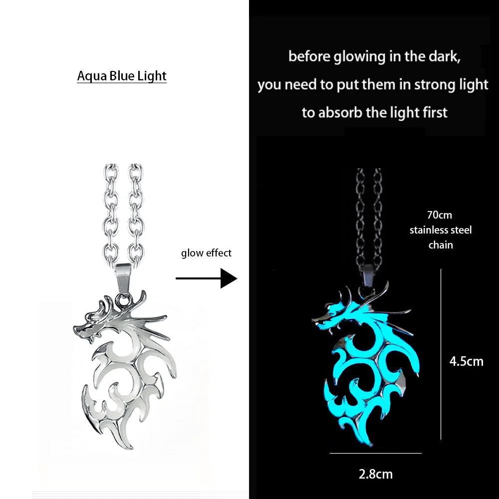 Hiphop Rock Edelstahl Kette Leuchtende Legierung Drachen Anhänger Leuchtende Halskette Nacht Tanz Disc Glow In The Dark Halskette – Detail 12