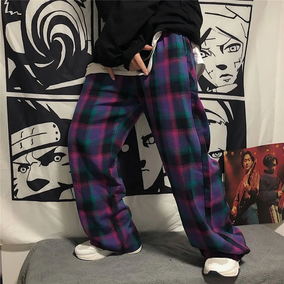 Colorful Plaid Dark Harajuku Yamamoto Men Pants Y2k Trend Chic Male Trousers Wide Leg Straight Club Bar Rock Dance Streetwear