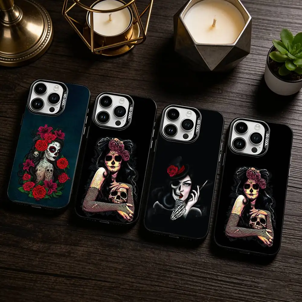 

M-Mexican Art Skull Girl Phone Case For iPhone 17,16,15,14,13,12,11 Plus,Pro Max,XS,Colored silver phone case