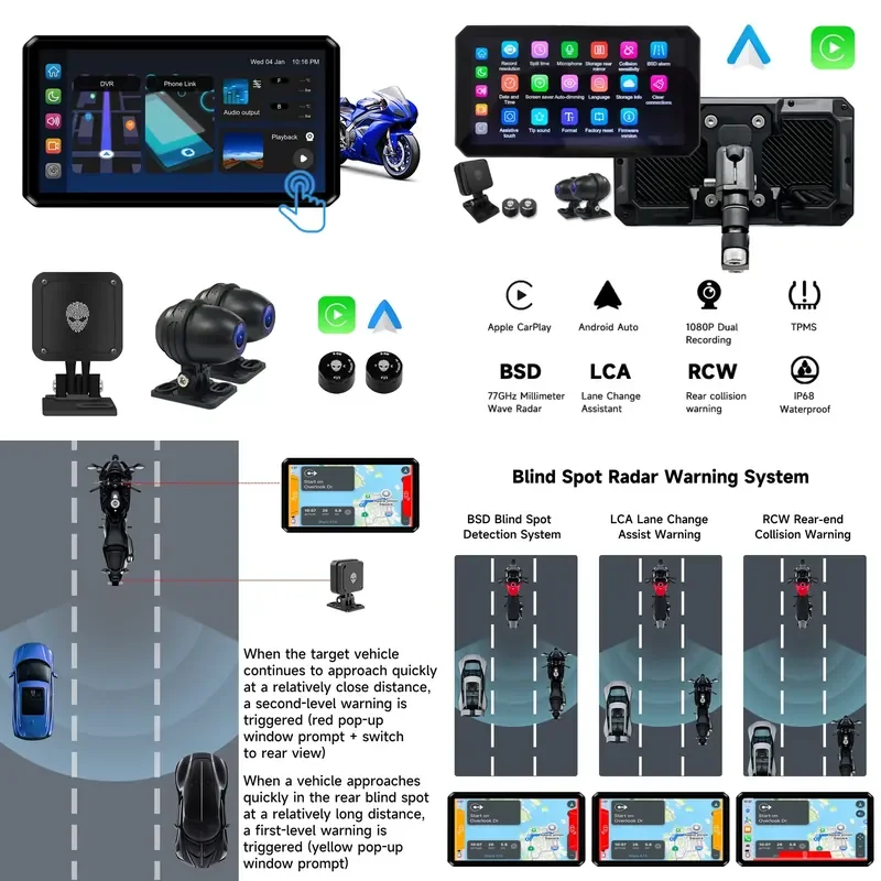 AlienRider M2 Pro Motorcycle Dash Cam Waterproof IPS Touch Screen Dustproof Carplay Android Auto Navigation HD Dual Recording