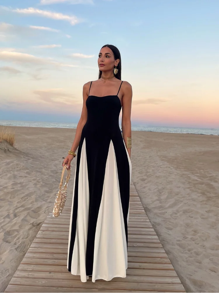 Women Elegant Contrasting Sling Long Dress Fashion Sleeveless Backless High Waist A-line Maxi Dresses Chic Lady Party Robes