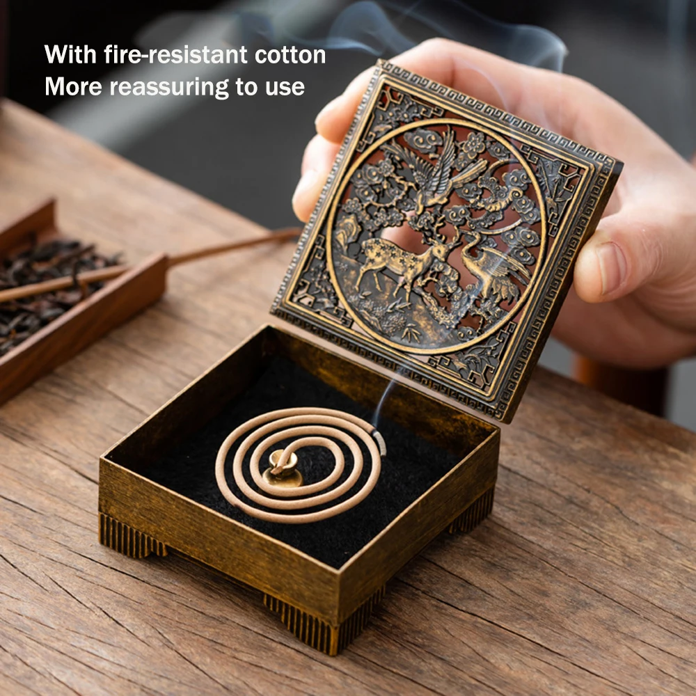 Spring Crane Deer Square incense burner, Alloy Sandalwood Burner, Household Indoor coil incense box, Home aromatherapy ornaments