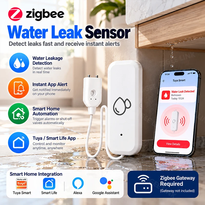 Zigbee Smart Water Leak Sensor Flood Detector Smart Home Systems 24/7 Monitoring For Basement Kitchen Bathroom Gateway Required