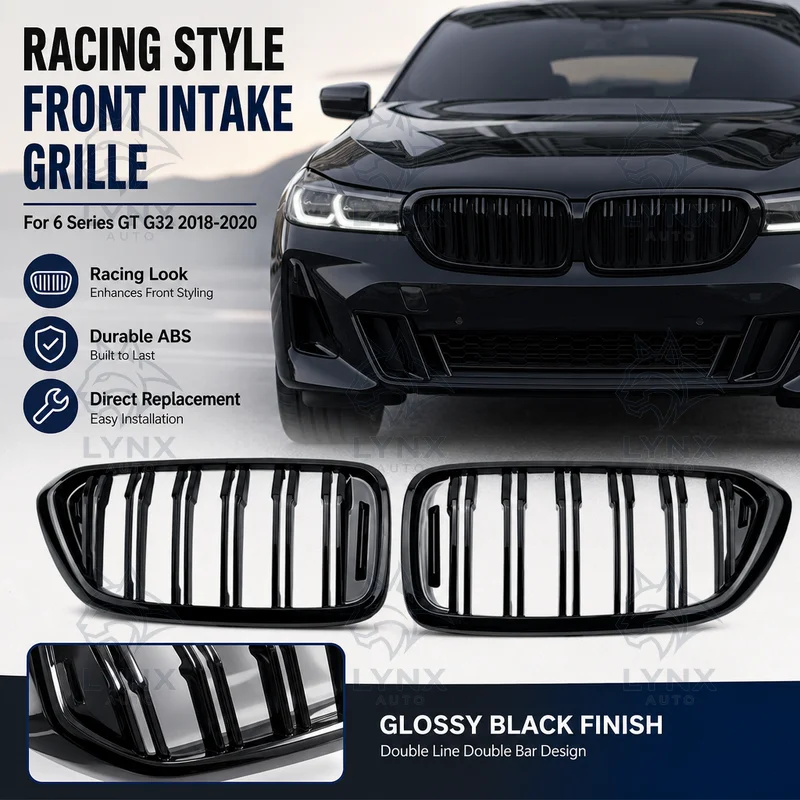 Modified For BMW 6 Series GT G32 2018-2020 Glossy Black Double Line Double Bar Front Intake Grille Racing Style