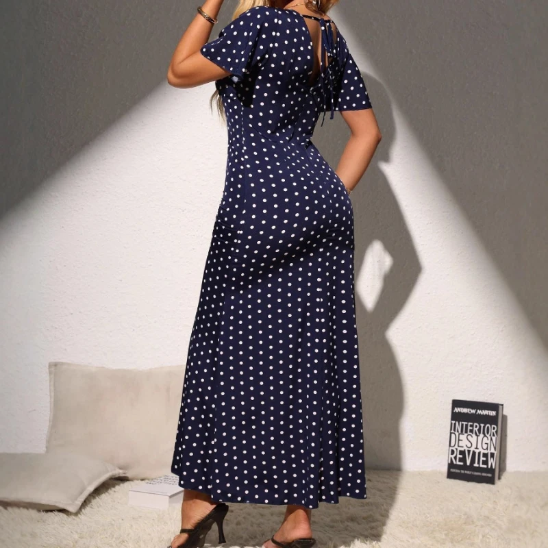 Vintage Style High Waist Polka Dot Long Dress Woman Summer Casual Short Sleeve Straight Dresses Female 2026 Street Style Dress