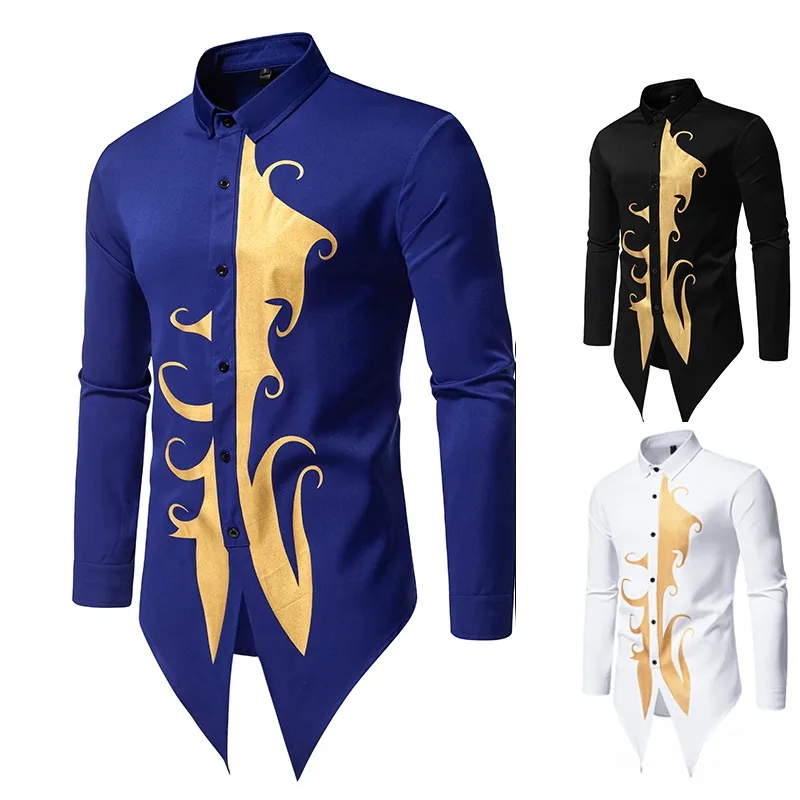 

Luxury Hot Stamping Print Men's Long Sleeved Shirt Irregular Design Slim Fit Casual Shirts Social Stage Performance Streetwear