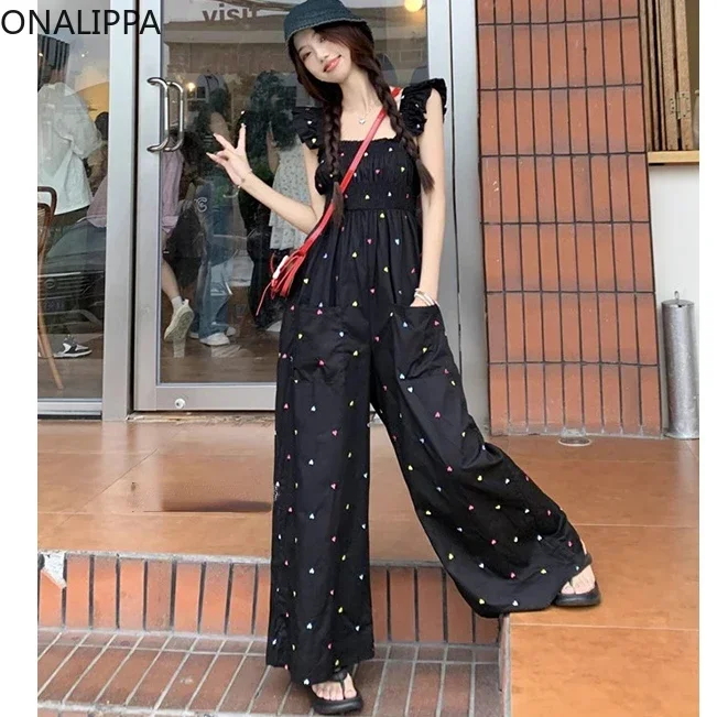 Onalippa Colorful Hearts Embroidery Jumpsuit Women Ruffles Elastic Chest Wide Legs Overalls Flying Sleeves Sweet Contrast Pants