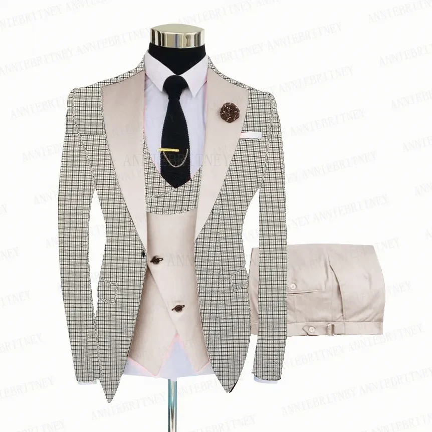 Traje a cuadros blanco y gris para hombre, traje de 3 piezas a medida, esmoquin para novio, traje de negocios ajustado, chaqueta, chaleco y pantalones