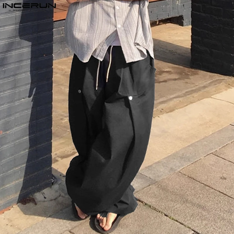 

INCERUN Men Wide Leg Pants Joggers Solid Color Drawstring Loose Trousers Men Streetwear Korean Style Fashion Casual Pants S-5XL