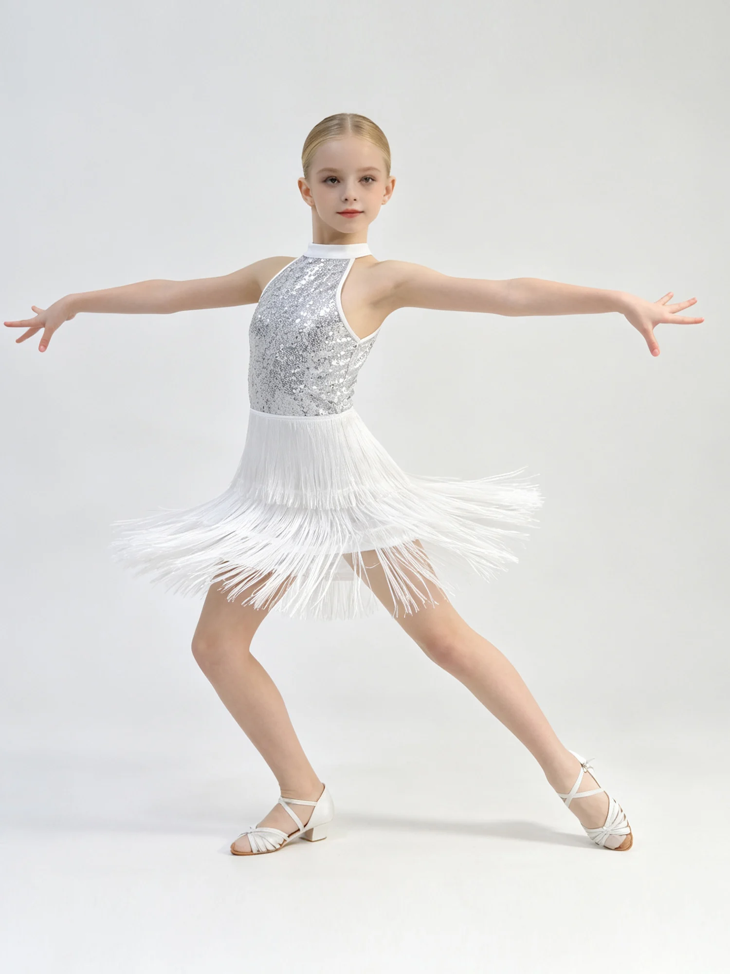 Kids Girls Latin Dance Dress Sleeveless Shiny Sequins Tiered Tassels Dresses with Shorts Ballroom Chacha Tango Salsa dancewear
