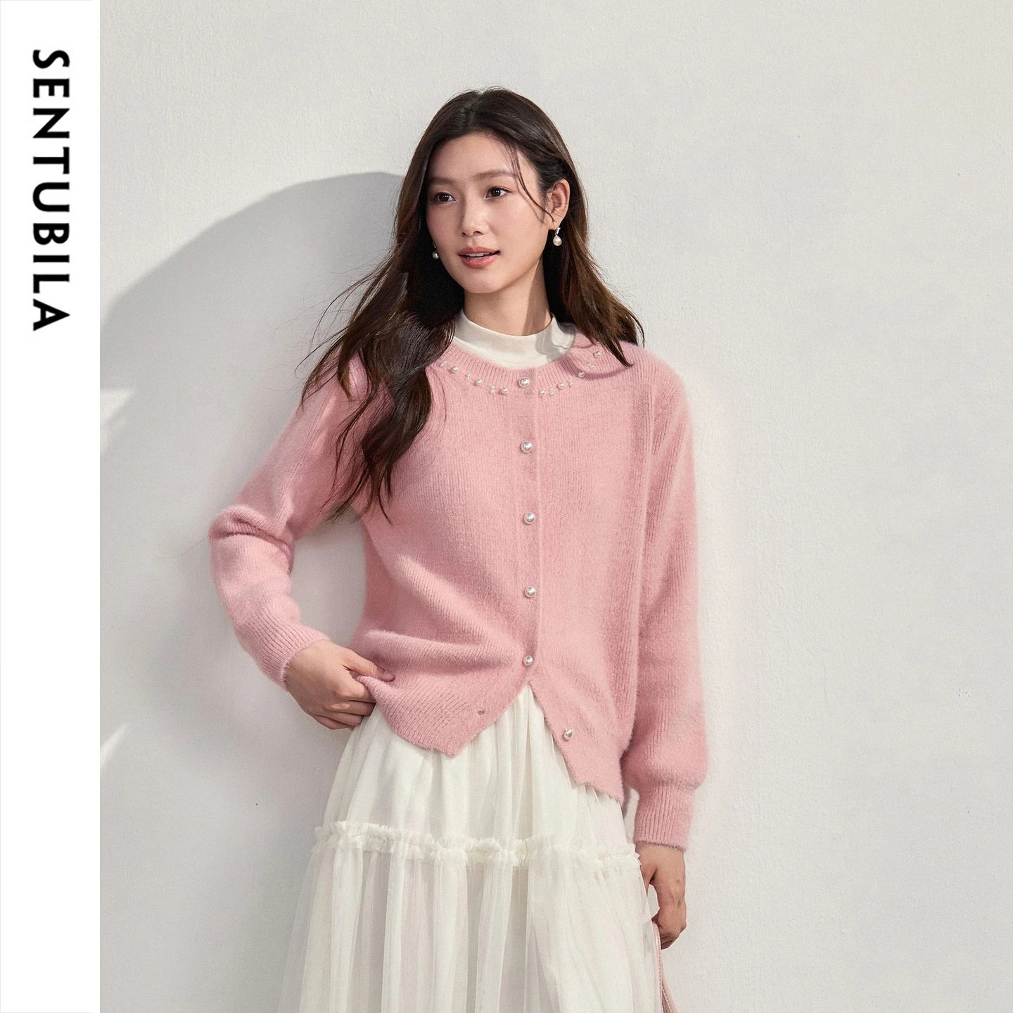 SENTUBILA Women's Cardigan Winter Round Neck Beaded Drop Shoulder Long Sleeve Sweater 2026 Loose Soft Warm Knit Top W64EB9086