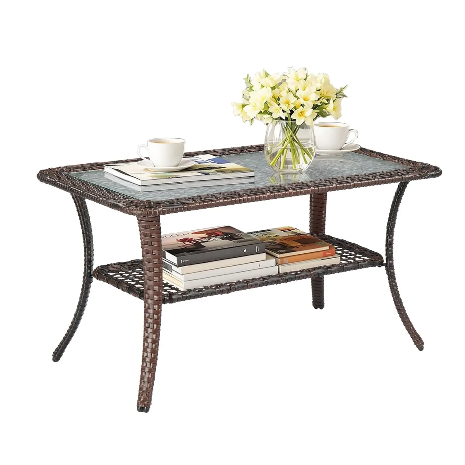 

Outdoor Coffee Table With Storage Wicker Patio Coffee Table, Tempered Glass Top Coffee Table For Patio Outside Balcony Porch Dec