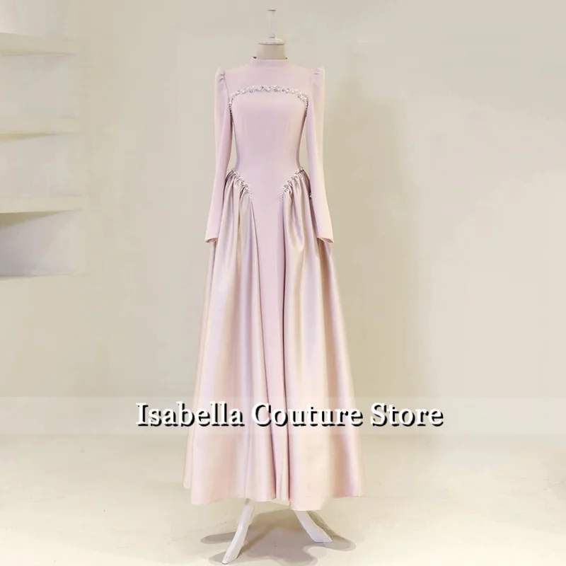 신상 이브닝 드레스 맞춤 제작 하이넥 긴팔 크리스탈 진주 A라인 정장 드레스 아라비아 프롬 가운