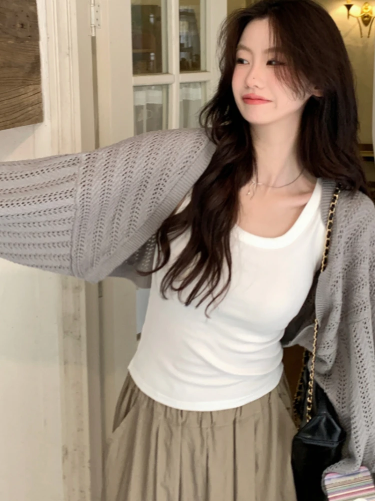 Cropped Cardigan Women Hollow Out Slim Long Sleeve Knitting Spring Solid Simple All-match Daily Knitwear Korean Style Leisure