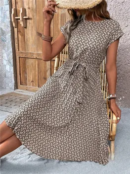 Msfilia verão impressão plissado uma linha vestido longo feminino manga curta cintura alta primavera em torno do pescoço vestido chique com cinto