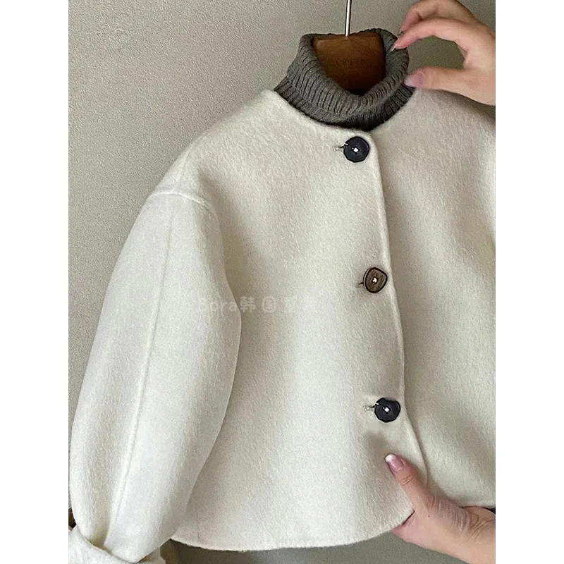 Wool Korea Boys Girls Coat Autumn Spring New Tops Childrens Clothing Outerwear Round Collar 2024 Button Soild Fashion