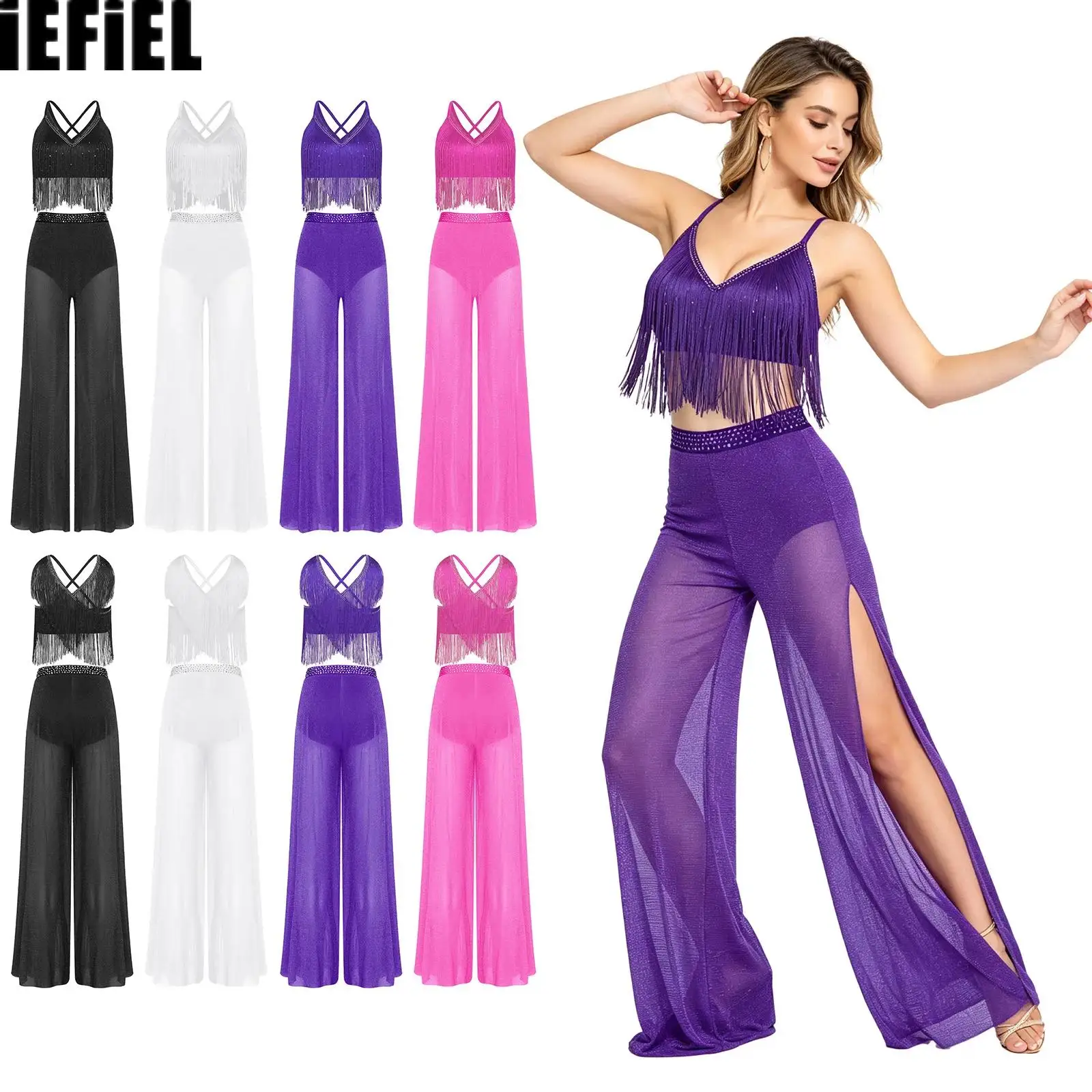 

Womens Lyrical Modern Dance Outfit V-neck Sleeveless Back Crossing Fringed Crop Top And Mesh Wide Leg Pants with Briefs Dance