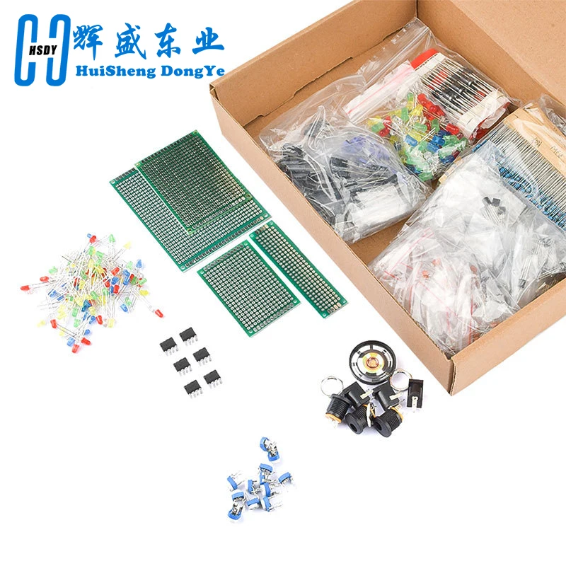 1900pcs Mega Electronic Component Kit Assortment Capacitors Resistors LED Transistors Diodes 1n270 Germanium DC Jacks Opamp PCB