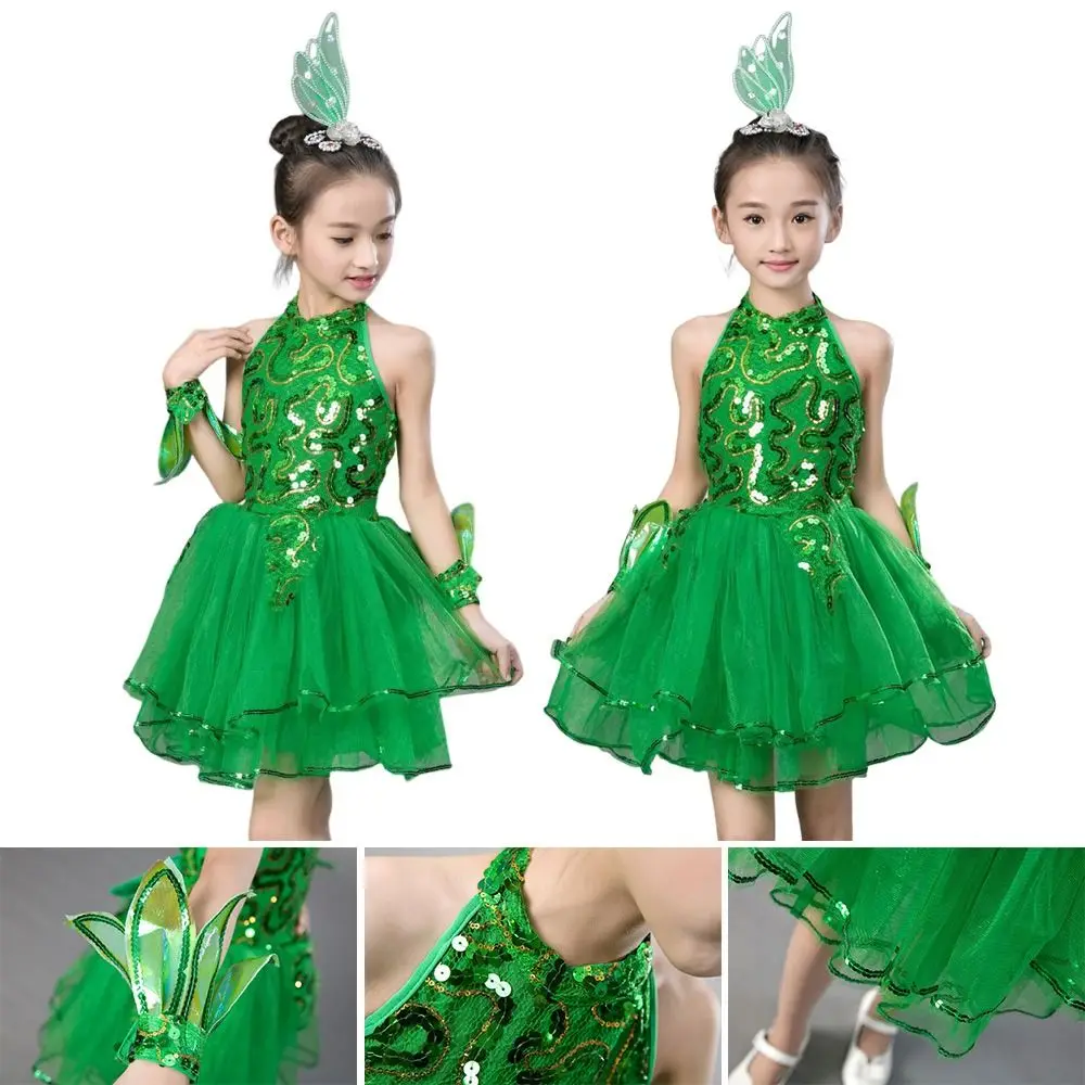 

Green Sequin Children Ballet Dance Dress Romantic with Headwear Wristband Stage Dancewear Modern Dance Dance Suit