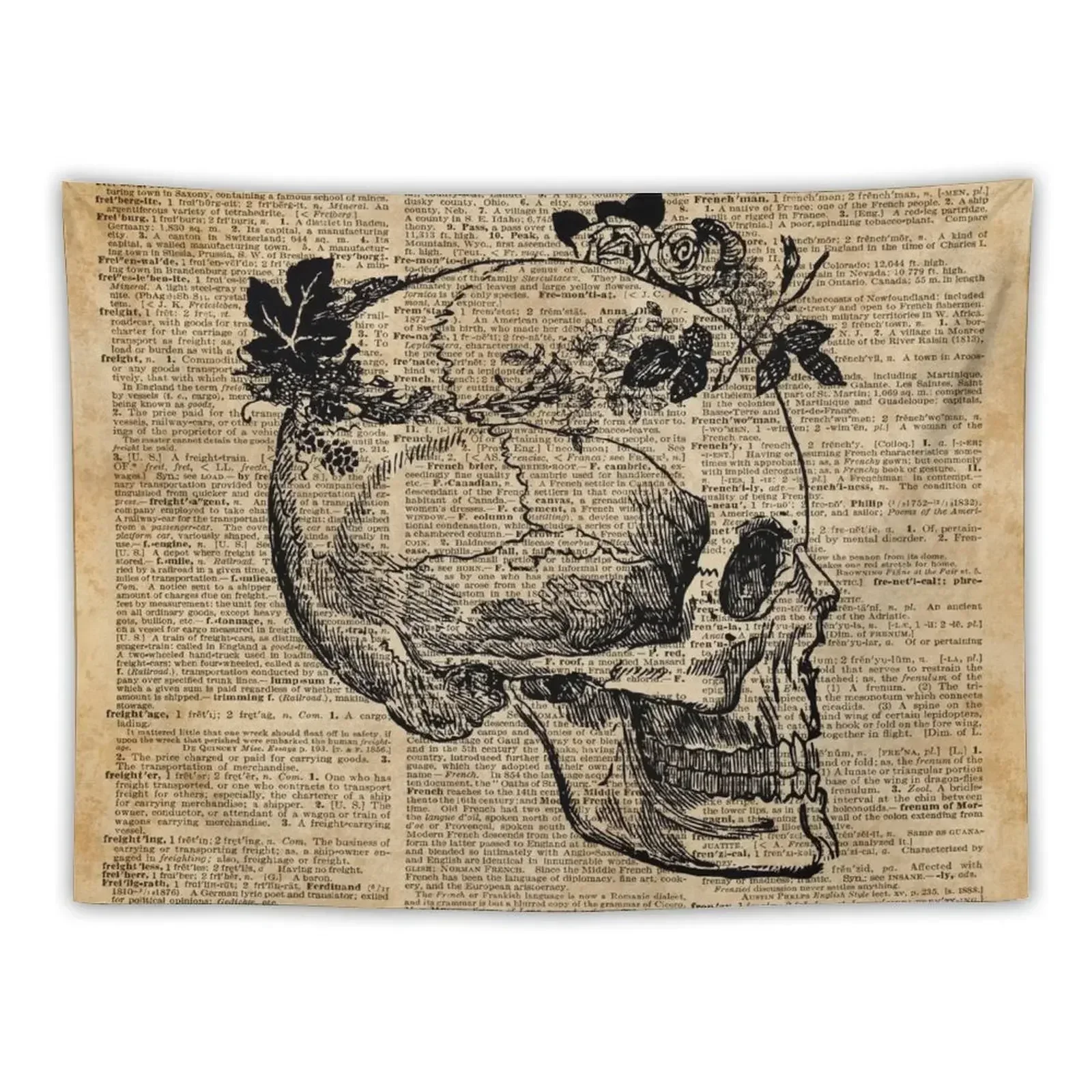 

Skull in Floral Wreath Ink Drawing Dictionary Art Tapestry Outdoor Decoration Room Decoration Aesthetic Room Ornaments Tapestry