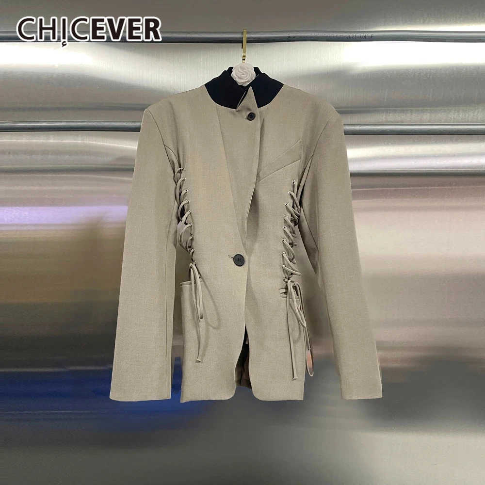 

CHICEVER Formal Spliced Lace Up Tunic Coat for Women Stand Collar Long Sleeve Slimming Temperament Banquet Blazer Coats Female