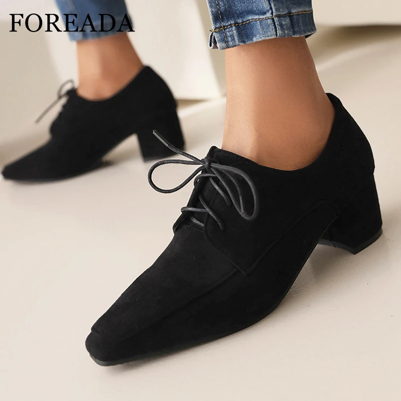 FOREADA Women Pumps Square Toe Thick Mid Heels Lace-up Concise Design Ladies Fashion Casual Shoes Spring Autumn Black Pink Khaki