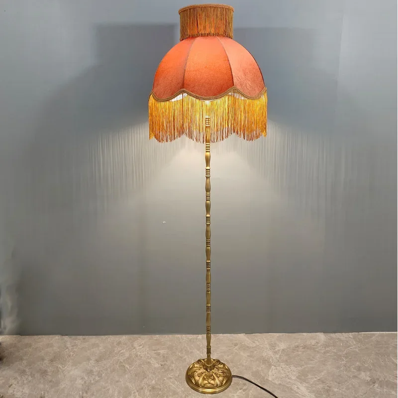 French pastoral all-copper floor lamp, living room bedroom flirting atmosphere  caramel pink fringed cover