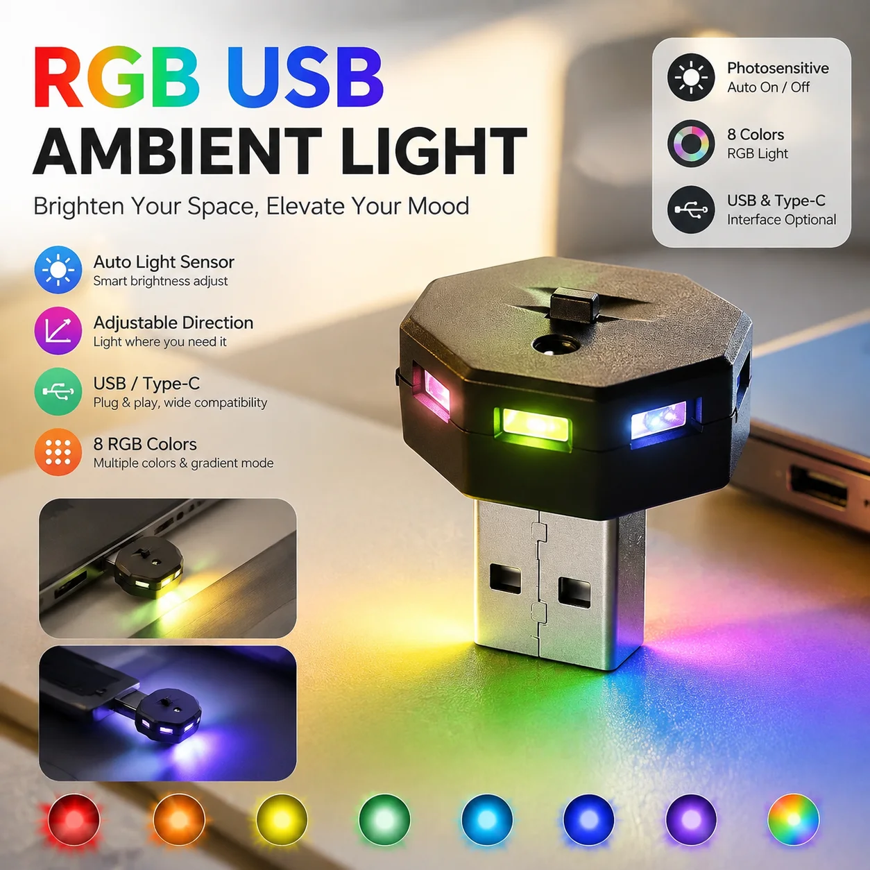Mini Type-C/USB LED Atmosphere Light Car Light Ambient Night Light Decorative Neon Lamp Auto Interior Emergency light