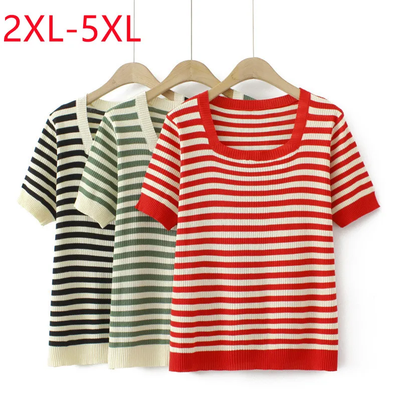 

New 2023 Ladies Spring Summer Plus Size Tops For Women Large Size Short Sleeve V-neck Green Stripe T-shirt 2XL 3XL 4XL 5XL