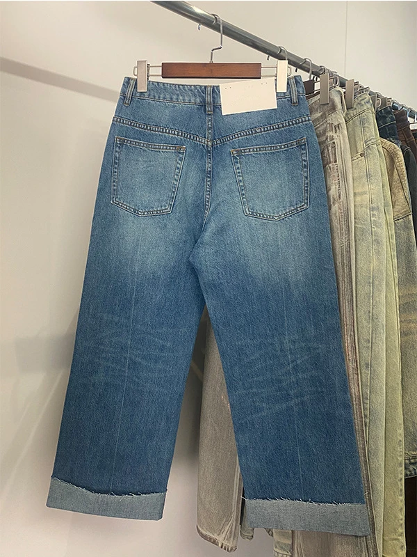 Dave&di French Fashion Minimalist Ripped Jeans Loose Straight Denim Pants Cut Flanged Retro Washed Blue Cropped Jeans Women 2026