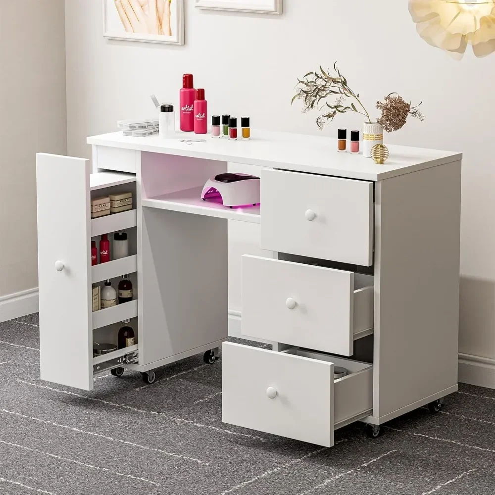 

Manicure Table Nail Desk for Nail Tech w/3 Drawers & Storage Cabinet, Nail Table Station w/Lockable Wheels, Beauty Salon