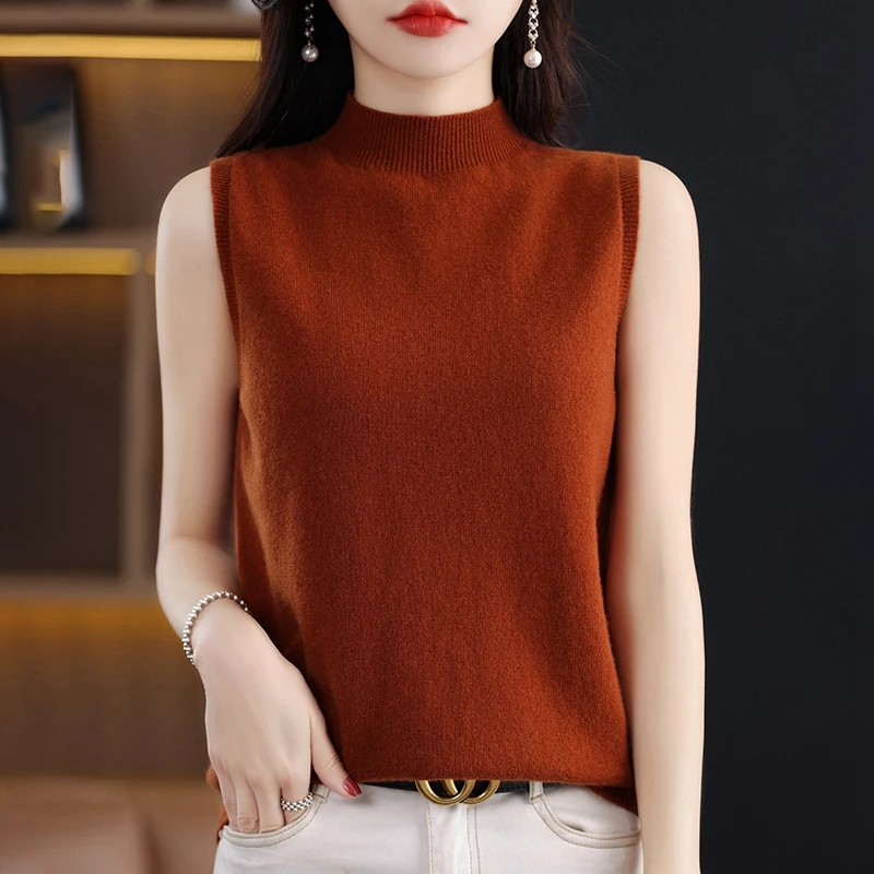 

Sleeveless Cashmere Sweater Women Knitted Sweater Mock Neck Sleeveless Pullovers Autumn Winter Cashmere Sweater Women