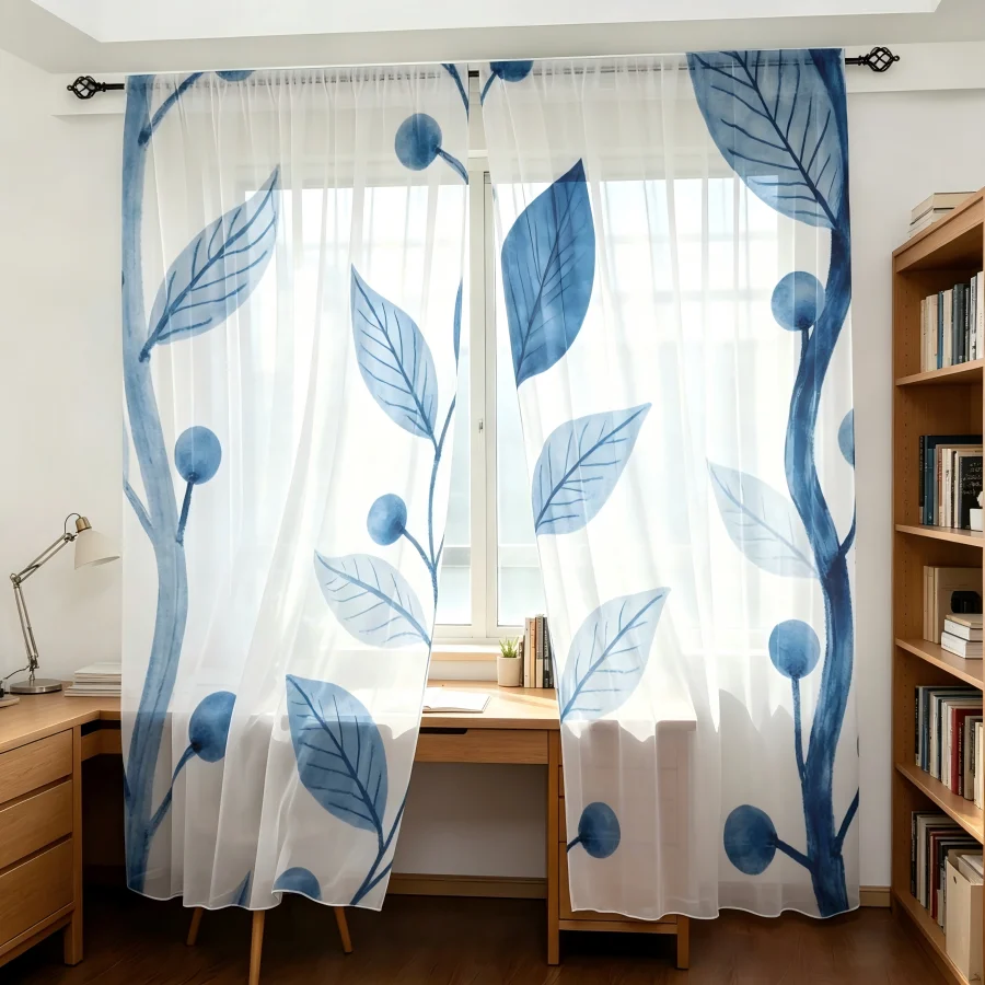 2PCS Digital Print Sheer Curtain, Misty Blue Fruit Leaf Botanical Nature Window Drapes for Living Room Bedroom Home Decor