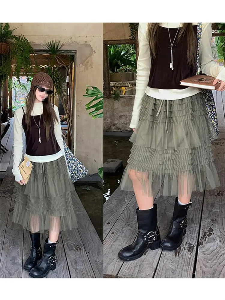 Korean Sweet Layered Mesh Puffy Cake Skirt Women's Spring Summer Super Beautiful Small Size A-Line  Midi Skirt