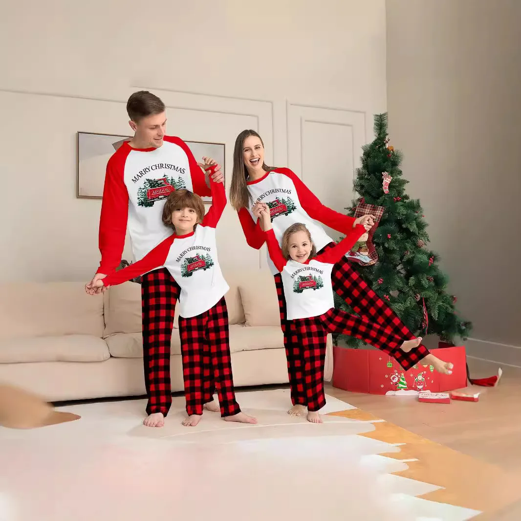 Xmas Pjs Family Look Mom Dad Kids Outfits Christmas Crew Print Matching Pajamas Set Full Sleeve 2Pcs Soft Loose Sleepwear