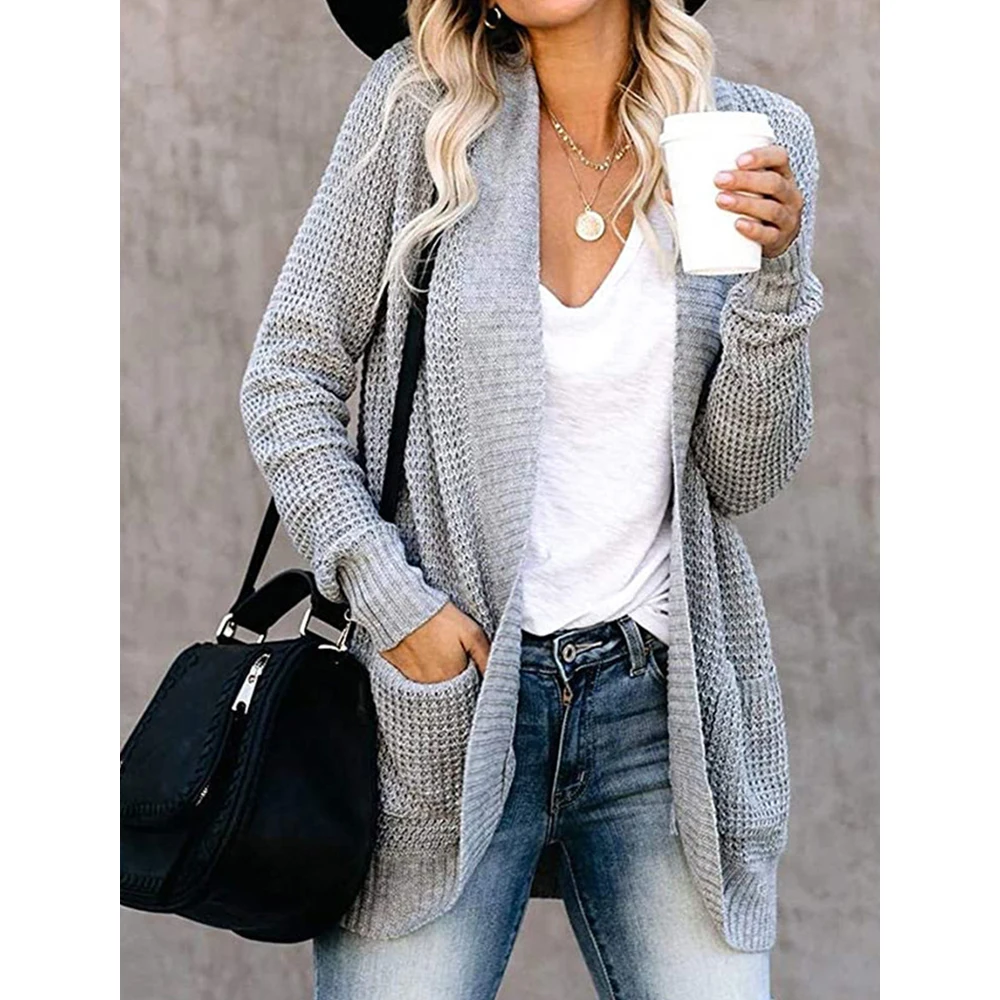 Mia Muse Autumn Winter  Women's Cardigan Open Front Long Sleeve Casual Simple Sweater with Pockets